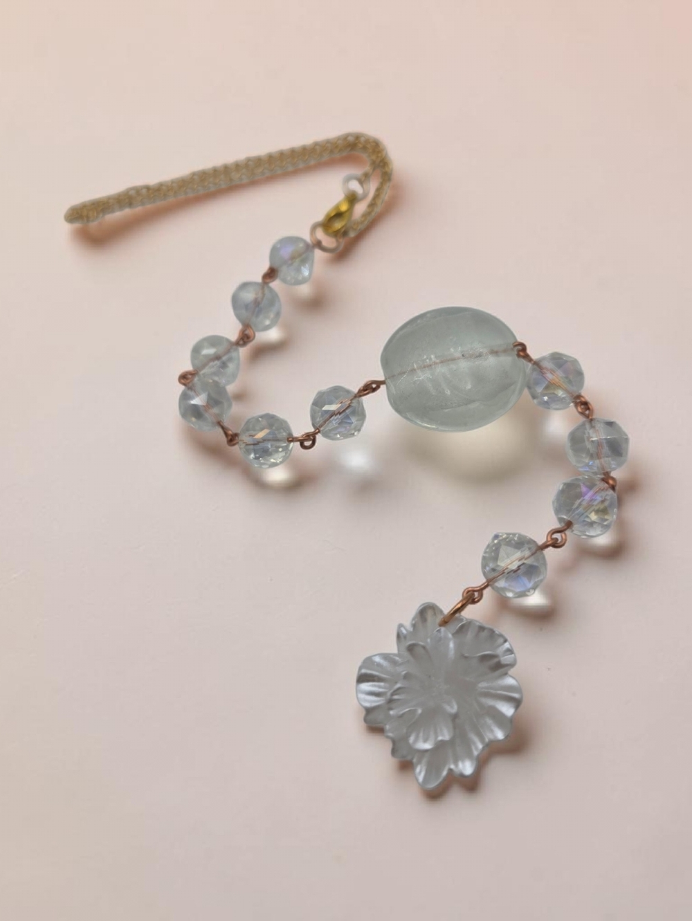 Clear & White Beaded Car Charm with Floral Pendant – Minimalist Rearview Mirror